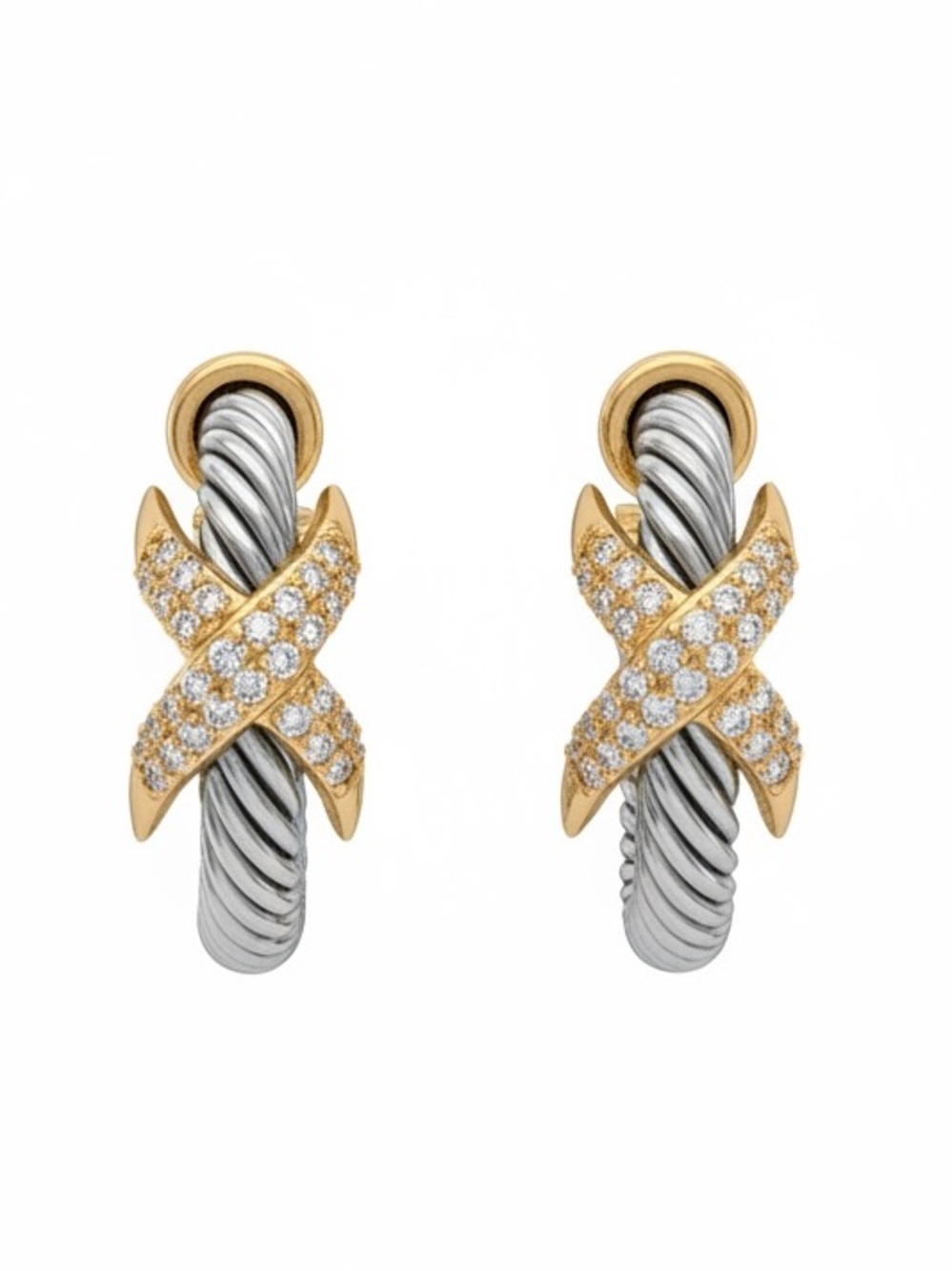 Two-Tone Gold X Pavé Hoop Earrings